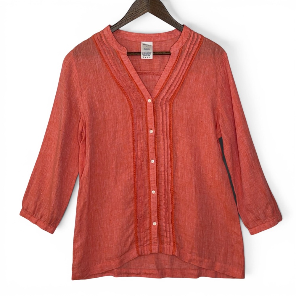 Lands End 100% Linen Blouse M Coral Pintuck Crochet Trim Button Up Lagenlook